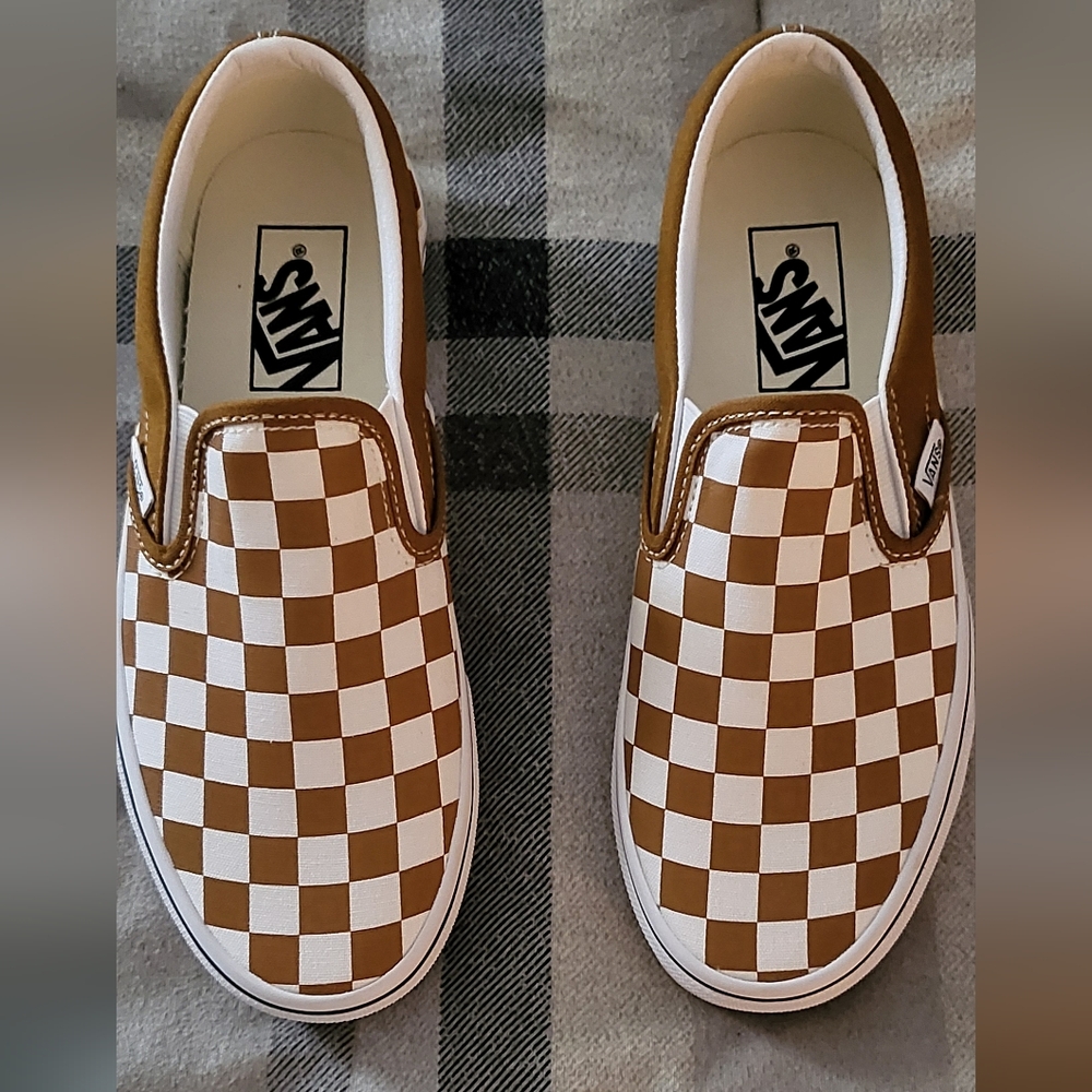 Vans Classic Slip-On Checkerboard Golden Brown/True White MENS 5 WOMENS 6.5